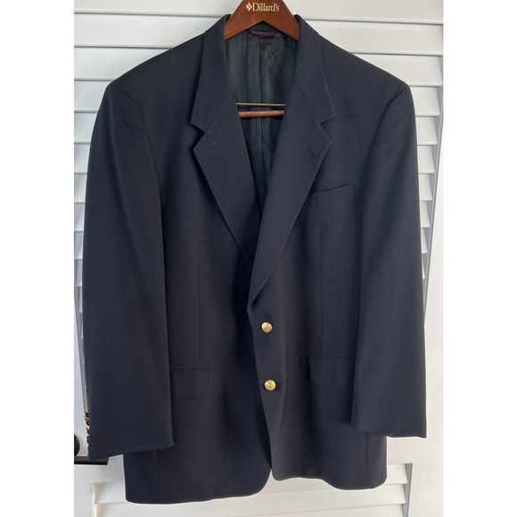 Manteau de sport Bob Hope's Desert Classic Blazer par Hart Schaffner & Marx, tissu tissé texturé, taille P2P 21,5 po., bleu marine foncé, revers de 4 po. - France